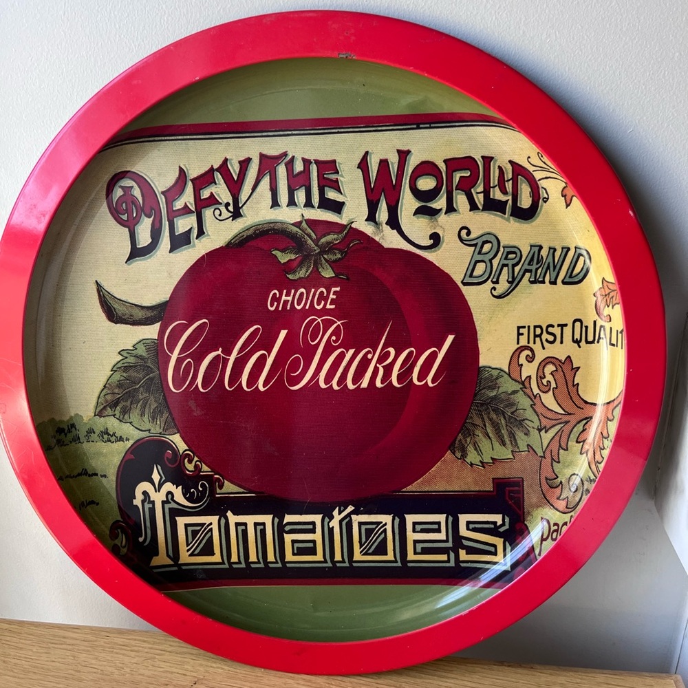 Vintage Antique Style Metal Tin Round Serving Tray Choice Tomatoes
